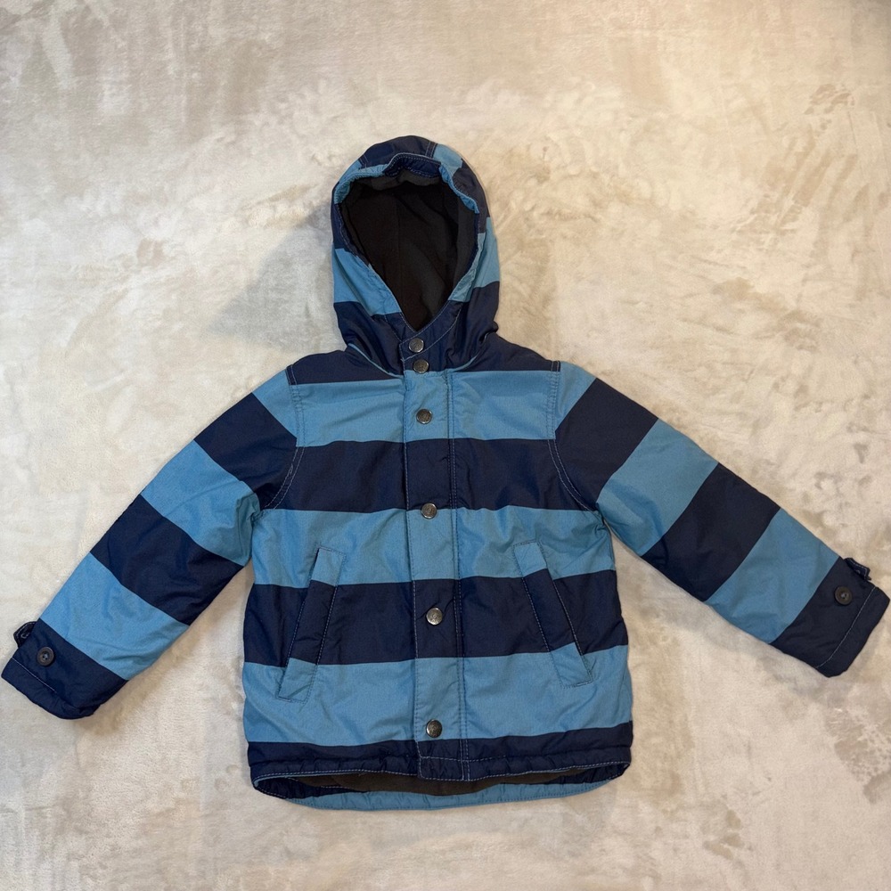 Mini Boden Boys Blue Striped Hooded Jacket Fleece Lined Coat Size 4-5Y
